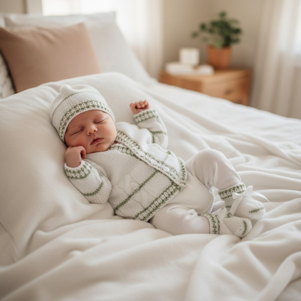 Cozy Stripy Knit Baby Ensemble – Cardigan, Hat, Mittens & Booties