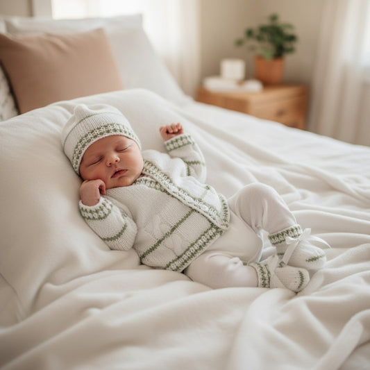 Cozy Stripy Knit Baby Ensemble – Cardigan, Hat, Mittens & Booties