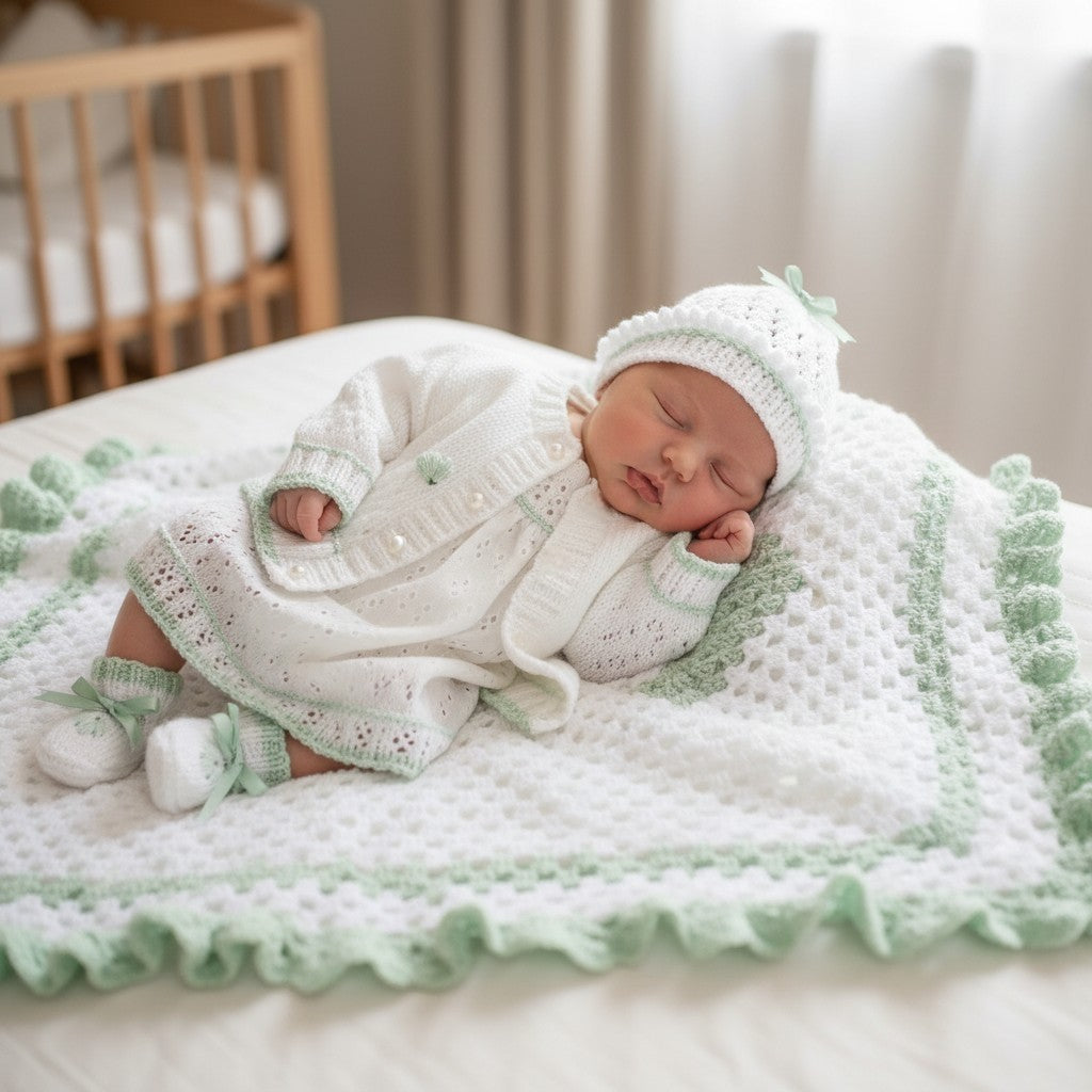 Girls Knitted Outfit with Pram Cover – Gorgeous Colors, Perfect Baby Shower Gift Set