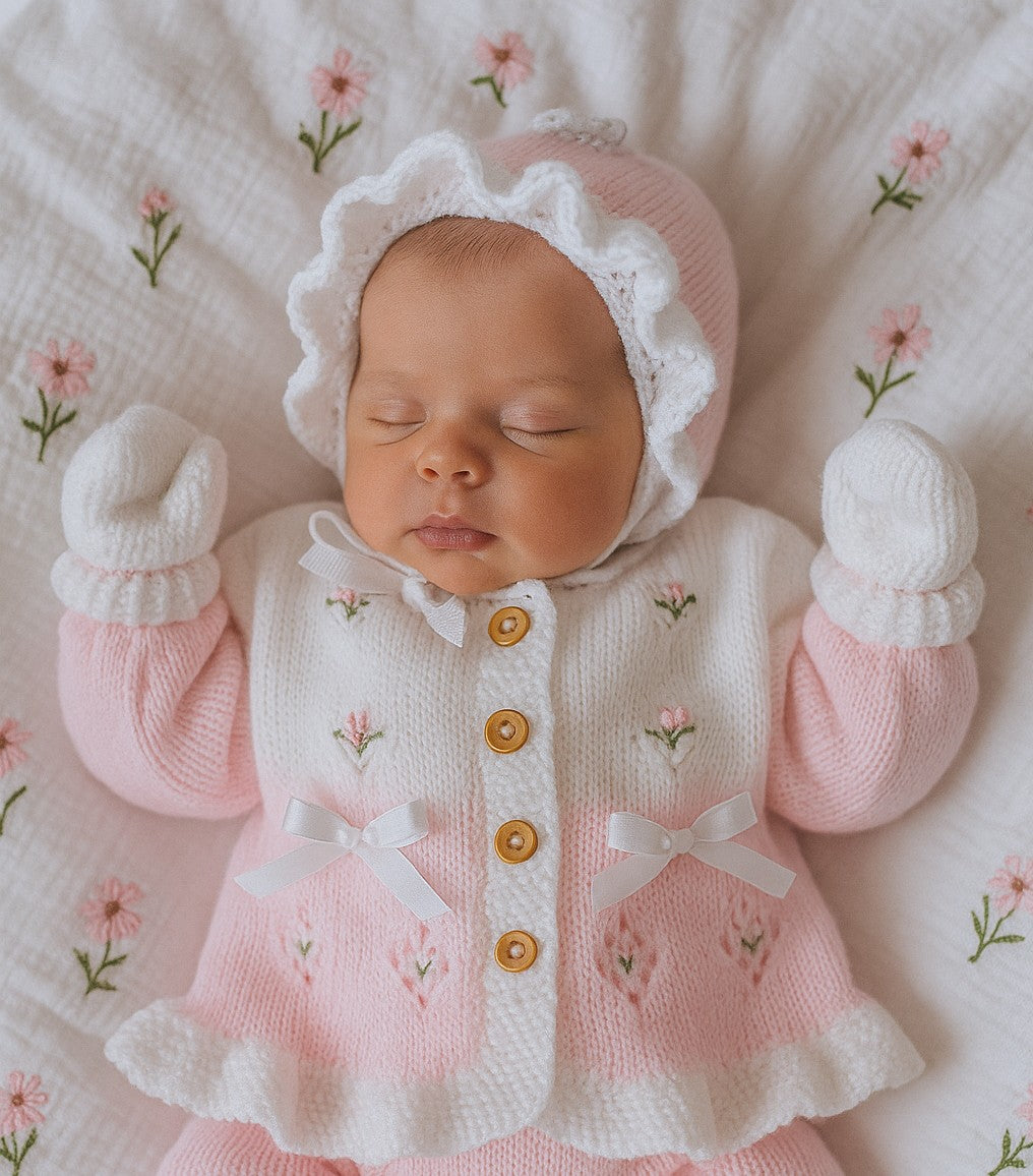 Two-Tone Girls Frilly Hand-Knitted Cardigan with bonnet, mittens and booties with Silk Embroidery
