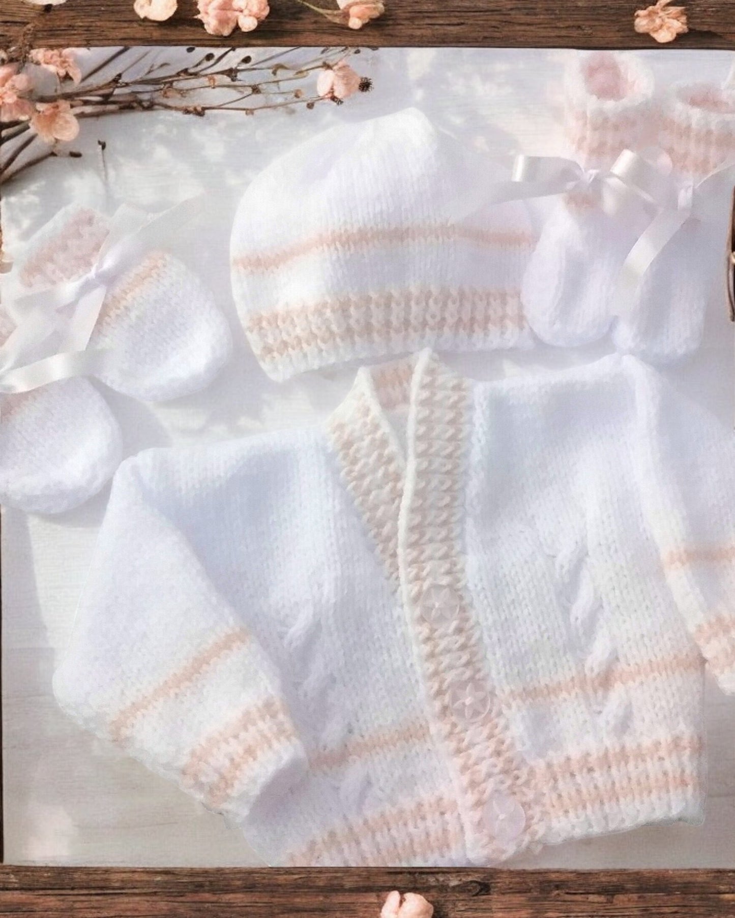 Cozy Stripy Knit Baby Ensemble – Cardigan, Hat, Mittens & Booties