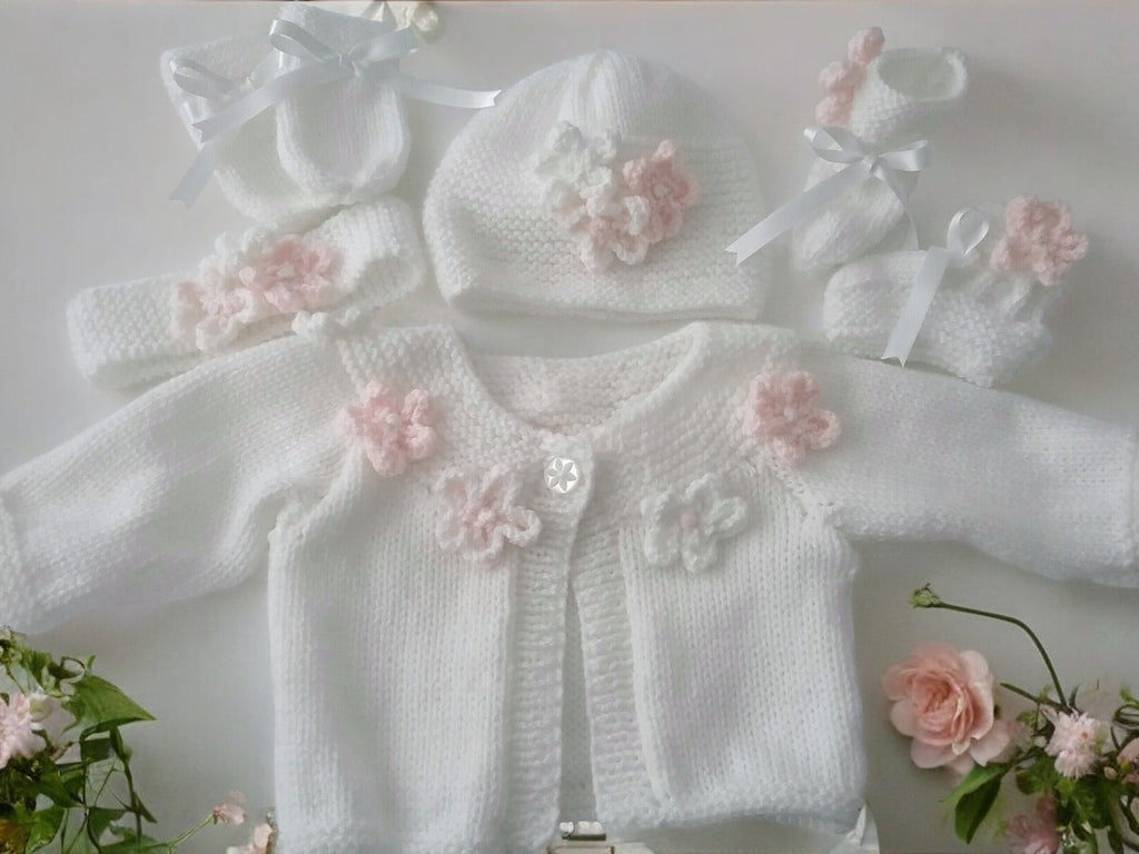 Hand Knitted Girls Cardigan with Yoke Design and Knitted Daisy Trim
