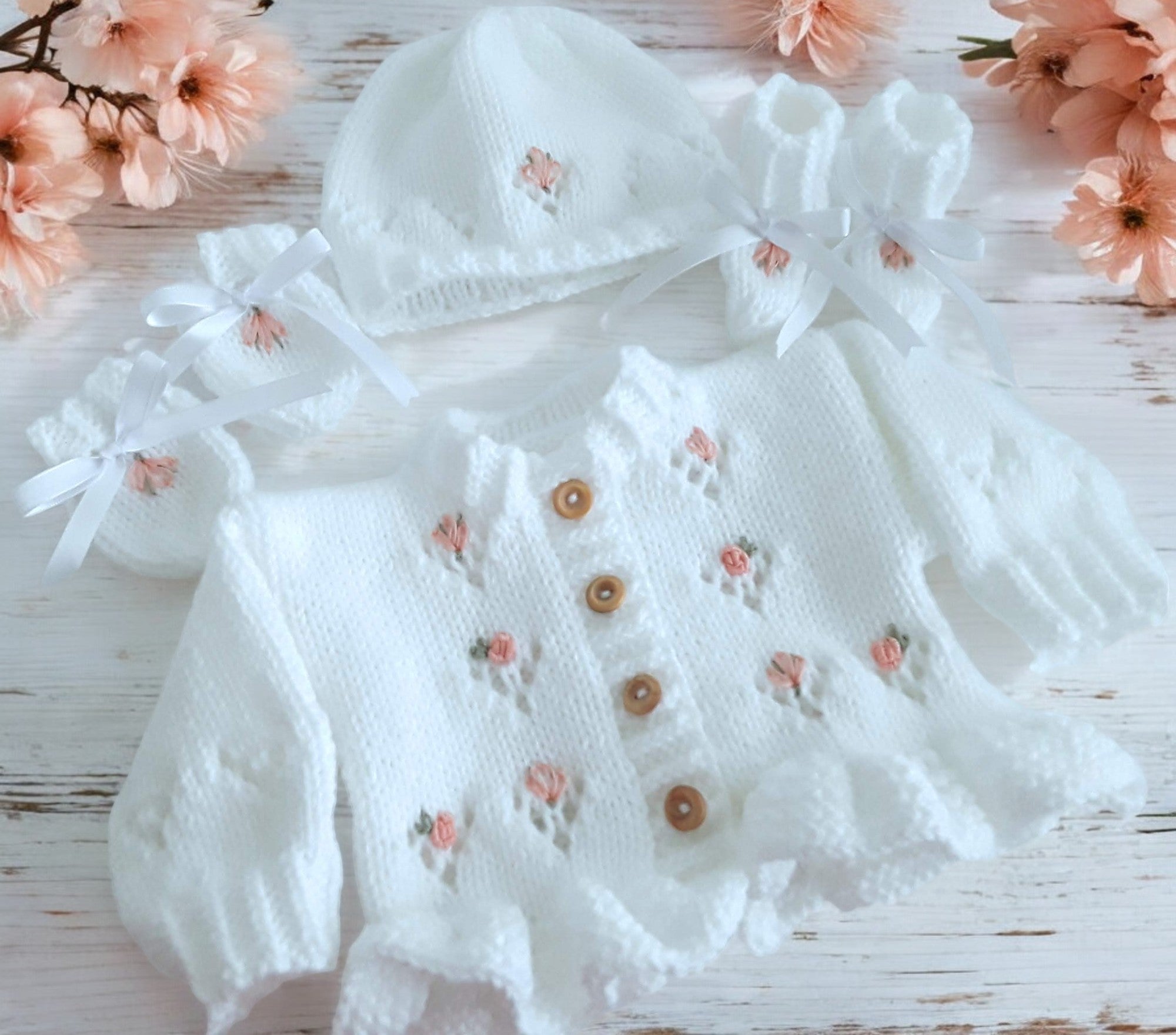 Hand Knitted Baby Girl Outfit with Matching Hat, Mittens & Booties | Embroidered Baby Shower Gift