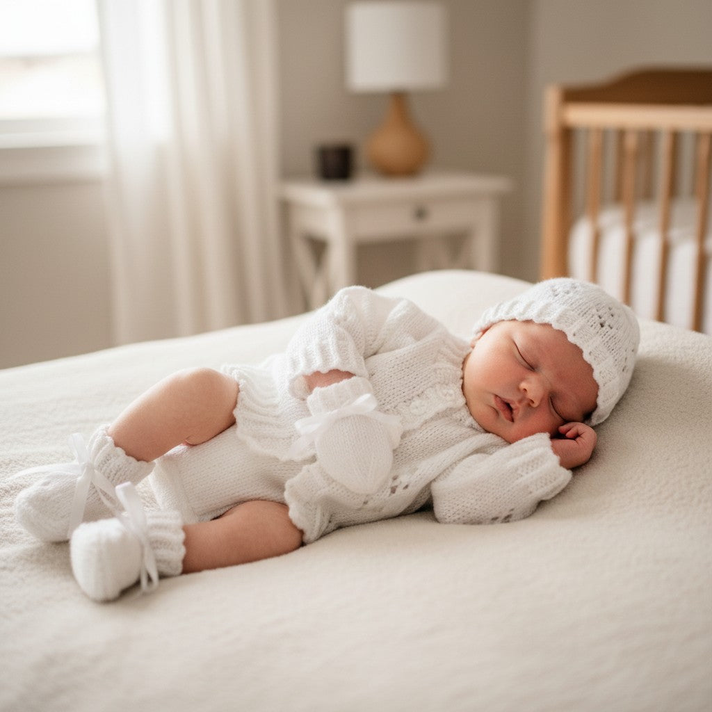 Handcrafted Baby Cardigan with matching hat, mittens & boots  – Perfect for Newborns