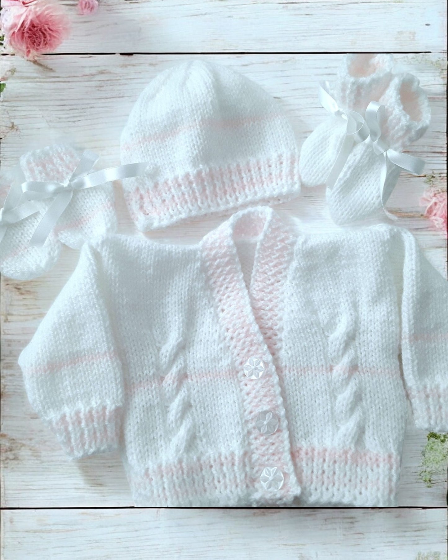 Cozy Stripy Knit Baby Ensemble – Cardigan, Hat, Mittens & Booties