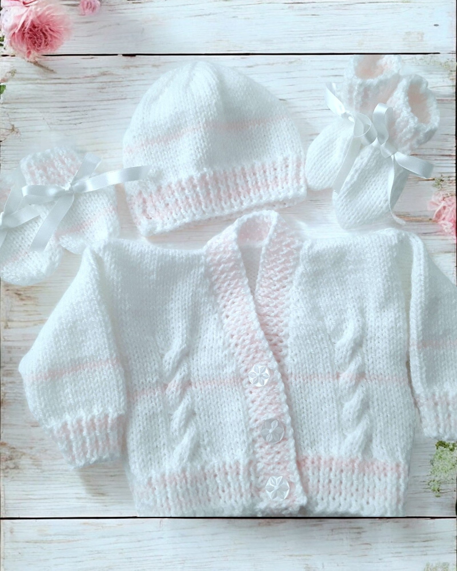 Cozy Stripy Knit Baby Ensemble – Cardigan, Hat, Mittens & Booties