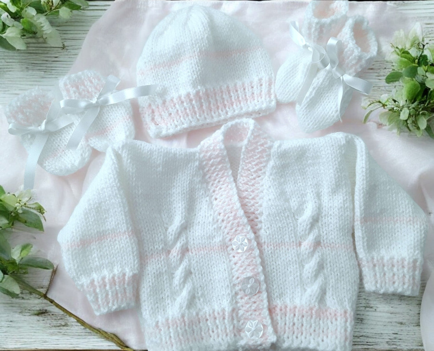 Cozy Stripy Knit Baby Ensemble – Cardigan, Hat, Mittens & Booties