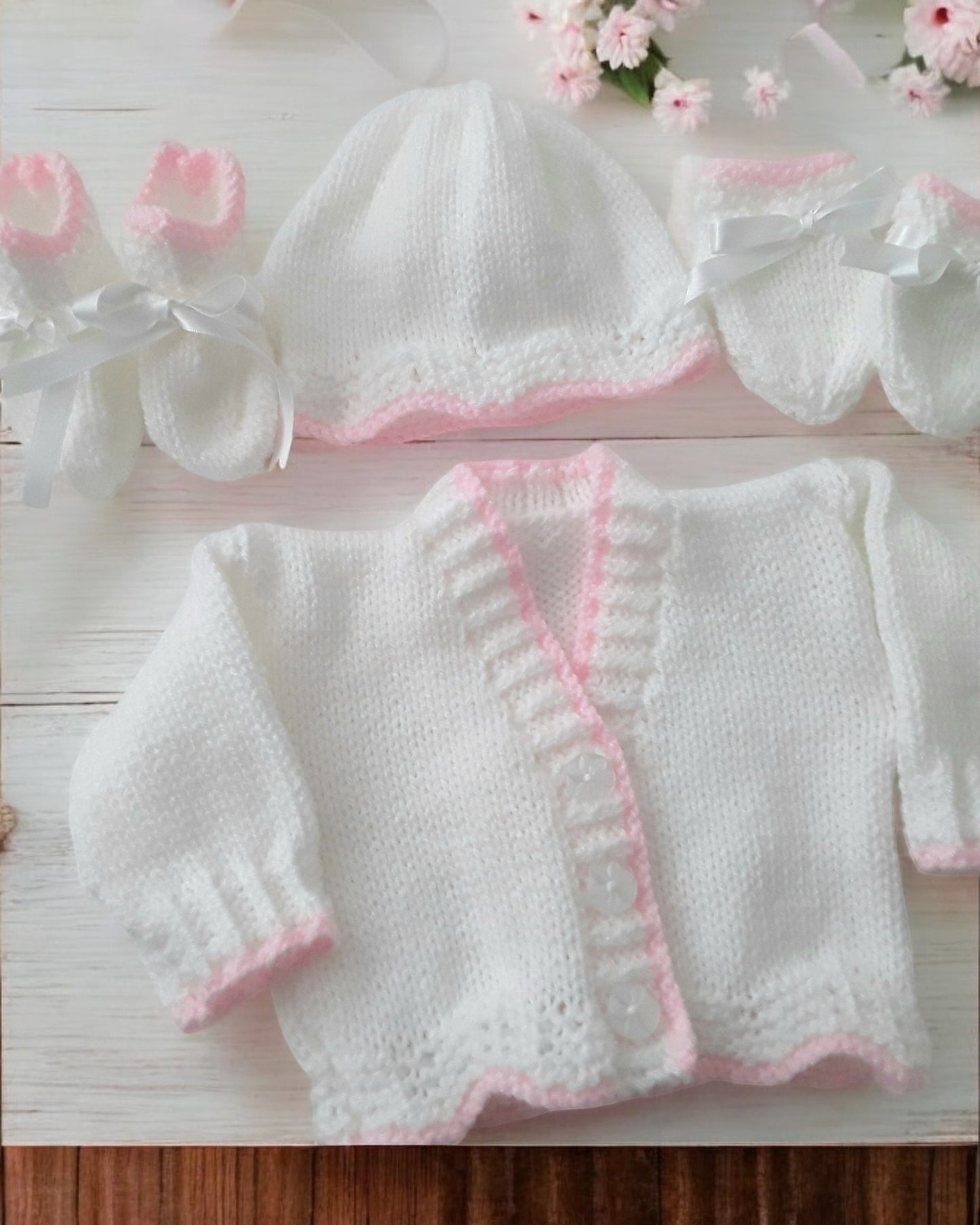 Scalloped Hem Baby Cardigan with V-Neck – Matching Hat, Mittens & Boots Available