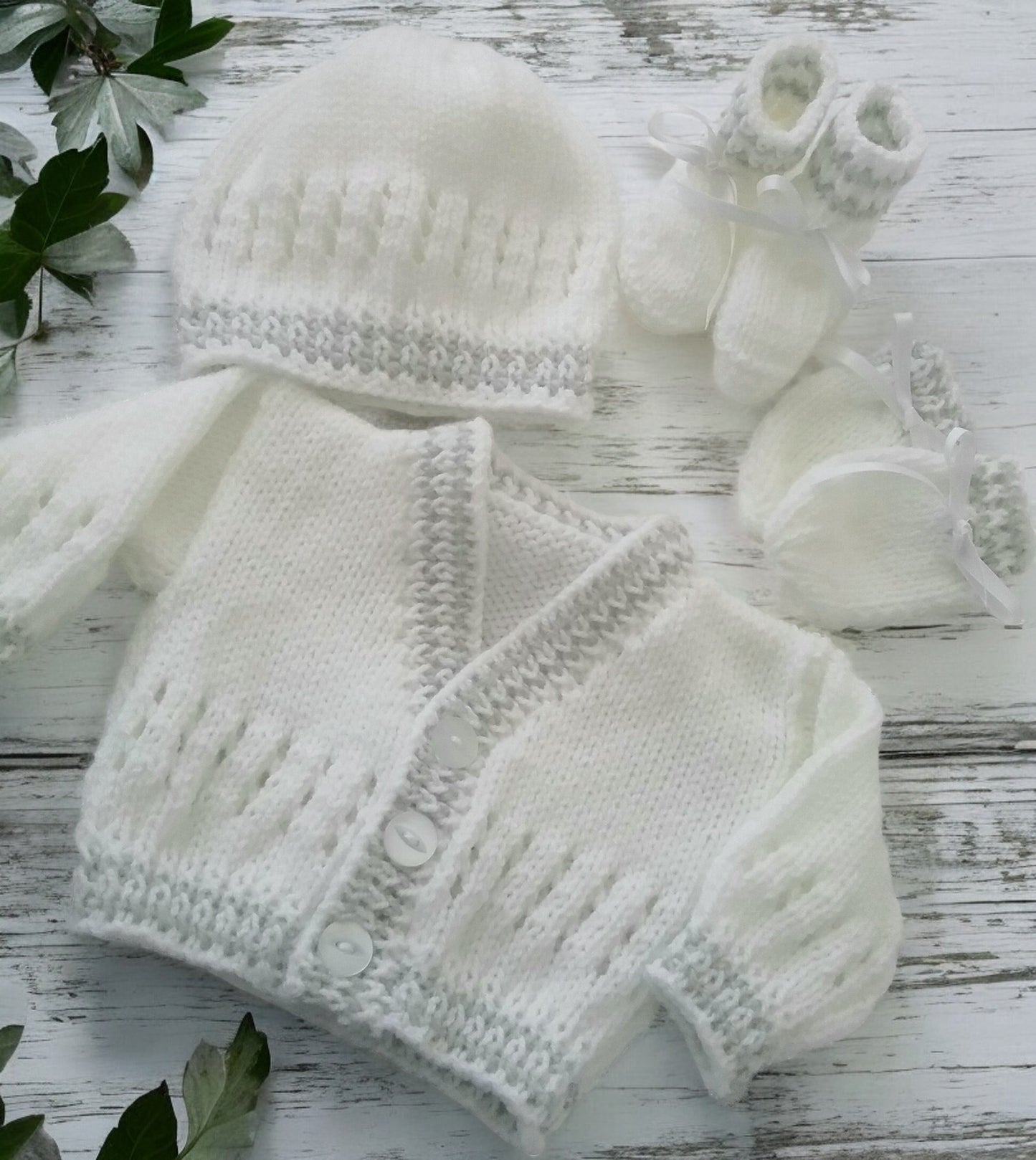 Stripy Knitted Baby Set – Cardigan, Hat, Mittens & Booties