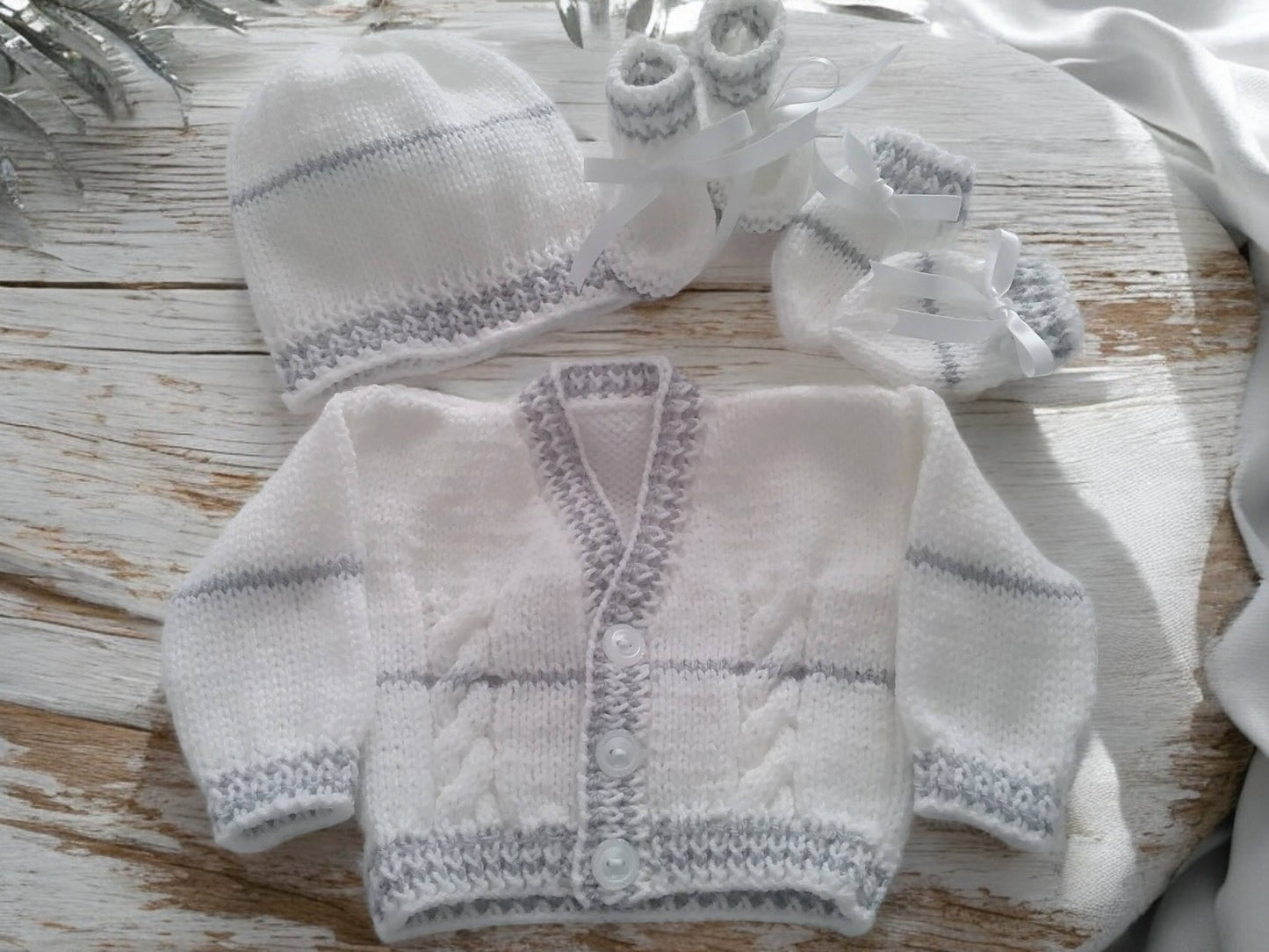 Cozy Stripy Knit Baby Ensemble – Cardigan, Hat, Mittens & Booties