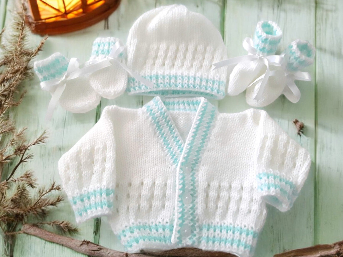 Stripy Knitted Baby Set – Cardigan, Hat, Mittens & Booties