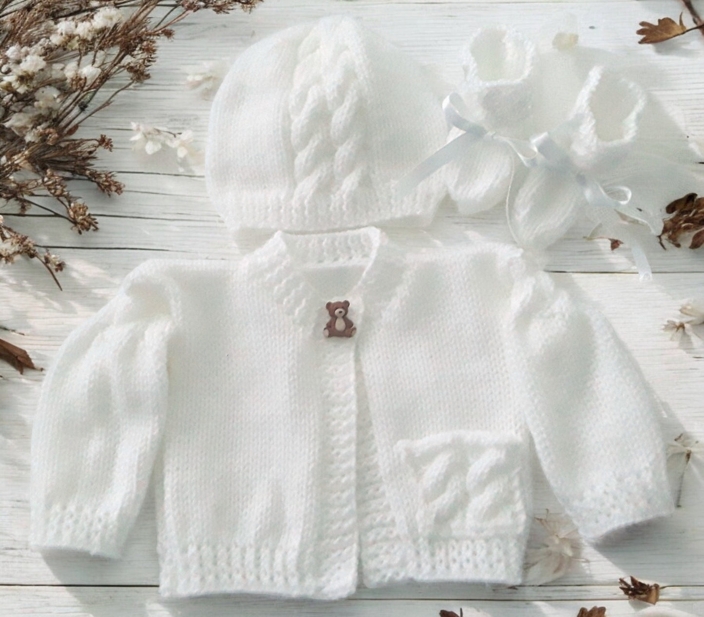 Boys' Cable Design Knitted Cardigan with Matching Hat and Boots – Classic Baby Boy Sweater Set