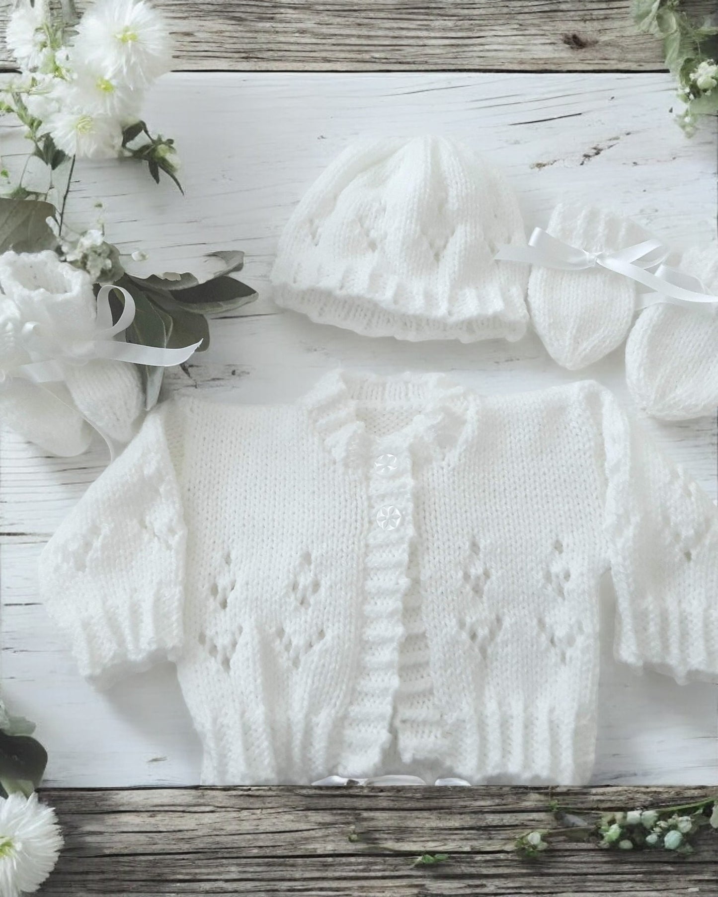 Handcrafted Baby Cardigan with matching hat, mittens & boots  – Perfect for Newborns