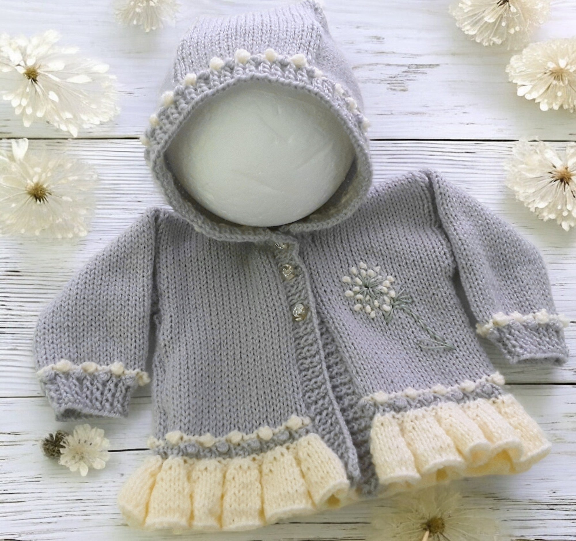 Elegant Frilly Knit Baby Girl Hoodie with Delicate Dandelion Embroidery, silver with your choice of trim colour